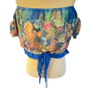 Floral Chiffon‎ Off Shoulder Crop Top Tie Front Blouse Summer Boho Women's XS